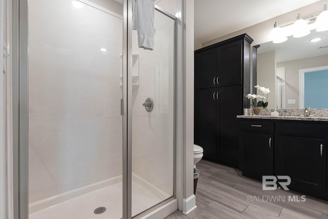 full bathroom featuring vanity, toilet, and a stall shower