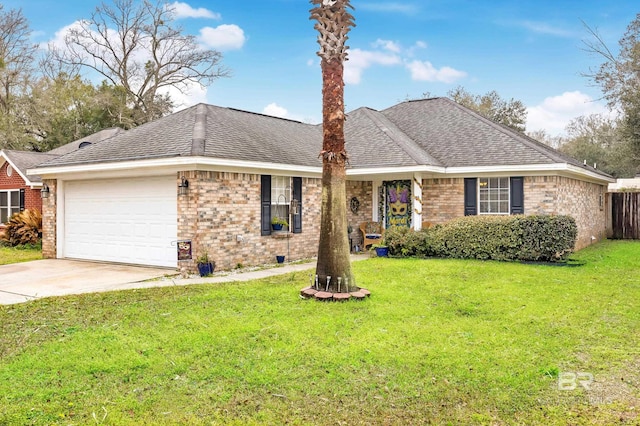 ranch-style home featuring a front yard, concrete driveway, brick siding, and an attached garage