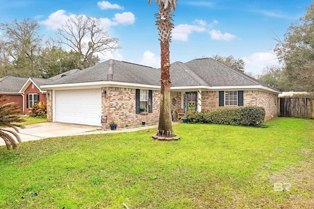 ranch-style home with roof with shingles, brick siding, a front lawn, and fence