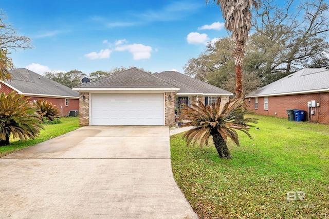 view of front of house with brick siding, concrete driveway, a garage, cooling unit, and a front lawn