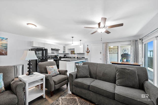 living room with dark hardwood / wood-style floors, ceiling fan, and sink