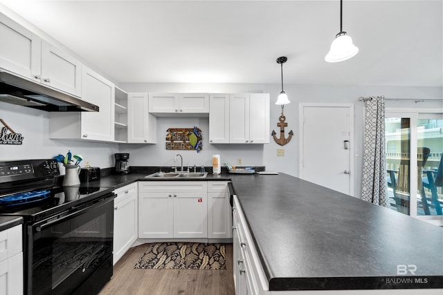 kitchen featuring white cabinetry, sink, black electric range oven, decorative light fixtures, and light wood-type flooring