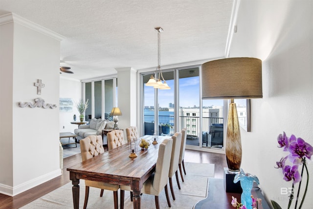 dining area with baseboards, wood finished floors, expansive windows, a textured ceiling, and crown molding