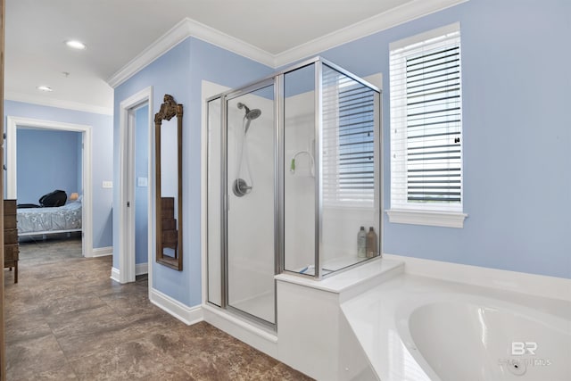 ensuite bathroom with a garden tub, baseboards, a shower stall, ensuite bath, and crown molding