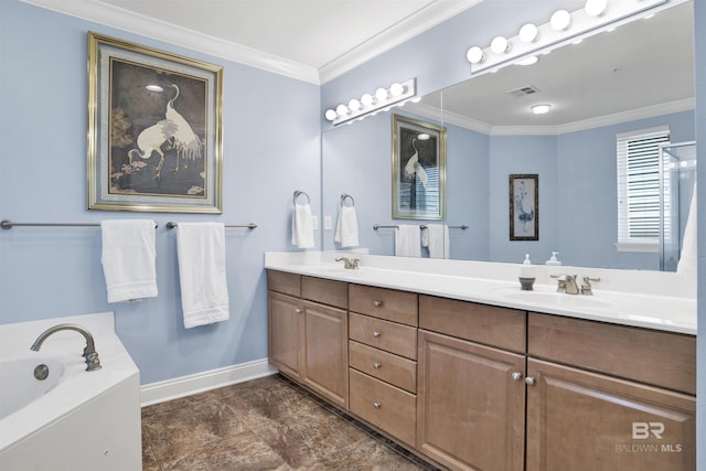 full bathroom featuring crown molding, visible vents, a sink, and baseboards