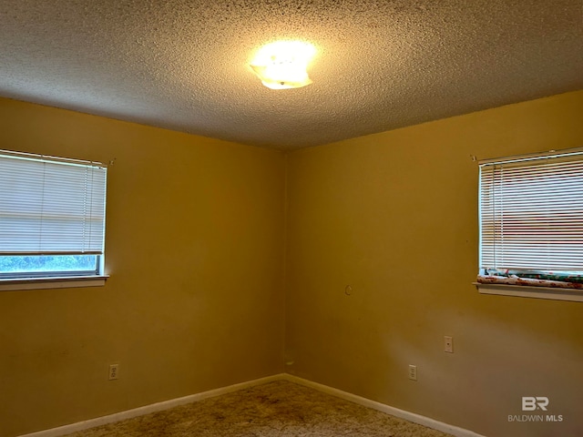 empty room with carpet floors and a textured ceiling