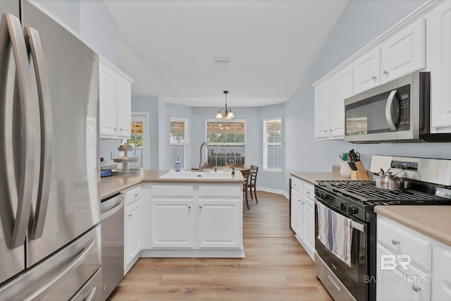 kitchen featuring visible vents, a peninsula, white cabinetry, a sink, and appliances with stainless steel finishes