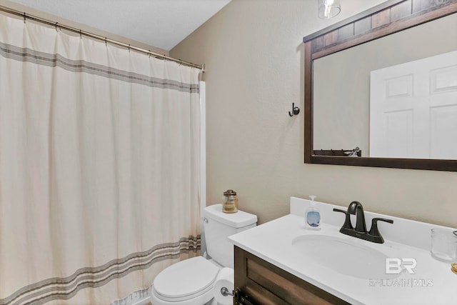bathroom with vanity, a shower with curtain, and toilet