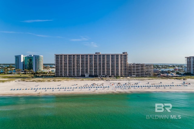 aerial view featuring a beach view and a water view