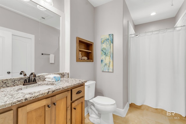 full bathroom with vanity, a shower with shower curtain, tile patterned floors, and toilet