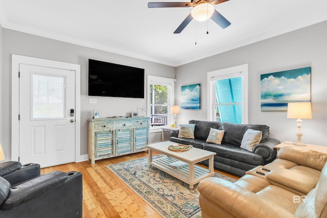living area with light wood-type flooring, ornamental molding, and a ceiling fan