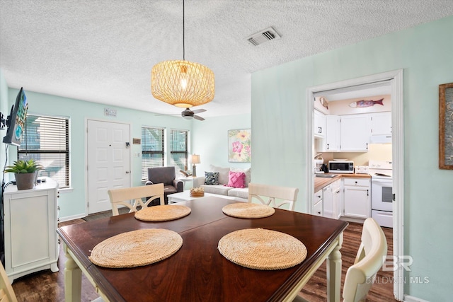 dining space with ceiling fan, dark hardwood / wood-style floors, and a textured ceiling