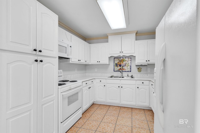 kitchen with white cabinets, white appliances, crown molding, and sink