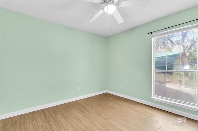 empty room with ceiling fan and light hardwood / wood-style flooring