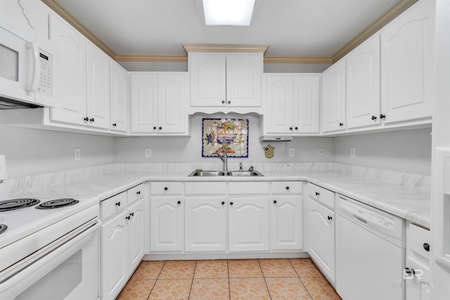 kitchen with white appliances, white cabinets, crown molding, sink, and light tile patterned floors