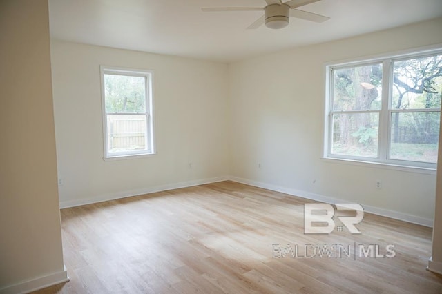 unfurnished room with ceiling fan and light hardwood / wood-style floors