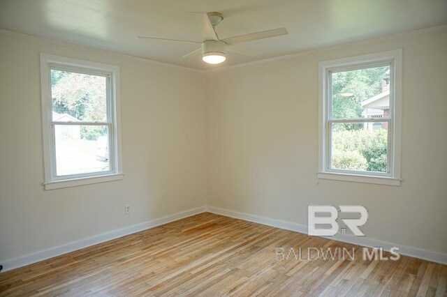 empty room featuring ceiling fan, light hardwood / wood-style floors, and ornamental molding