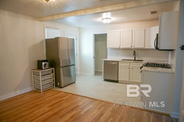 kitchen with backsplash, sink, white cabinetry, and stainless steel appliances