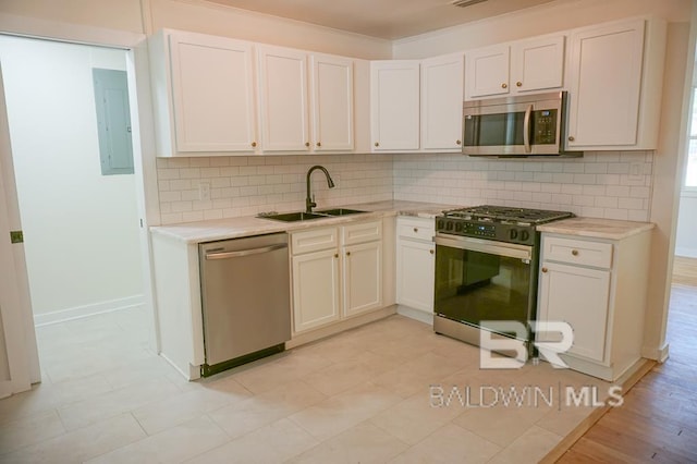 kitchen featuring decorative backsplash, sink, white cabinetry, and stainless steel appliances