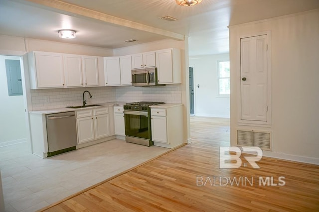 kitchen featuring decorative backsplash, stainless steel appliances, sink, light hardwood / wood-style flooring, and white cabinets