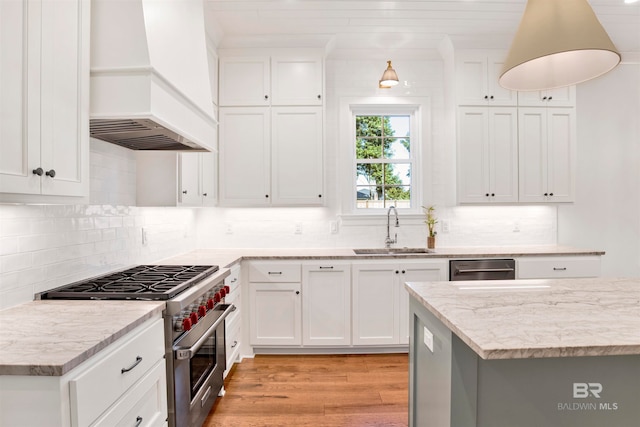 kitchen featuring sink, tasteful backsplash, appliances with stainless steel finishes, and custom range hood