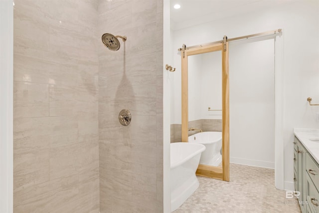 bathroom featuring tile patterned floors, separate shower and tub, and vanity