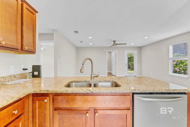 15030 Marem Dr, Foley, AL 36535 - kitchen with dishwasher, ceiling fan, light stone countertops, a peninsula, and recessed lighting