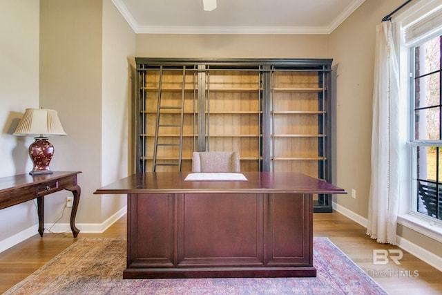 unfurnished office with hardwood / wood-style floors and crown molding