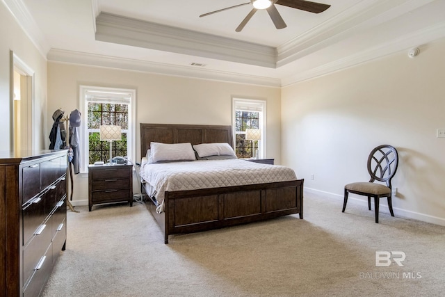 bedroom with multiple windows, light carpet, and a raised ceiling