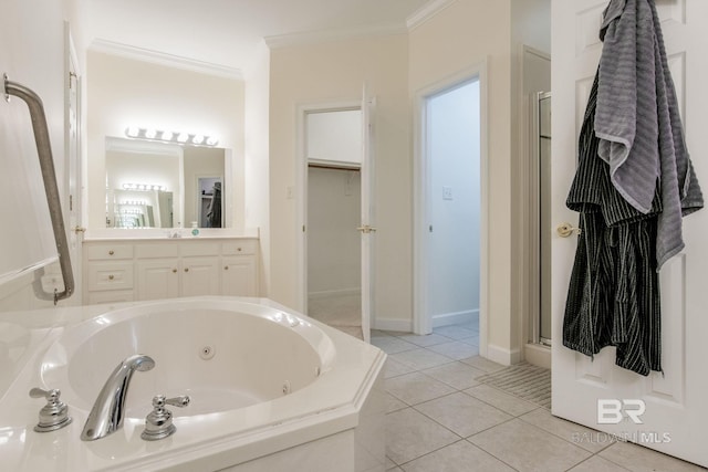 bathroom with plus walk in shower, ornamental molding, vanity, and tile patterned flooring