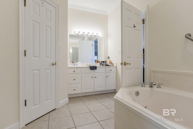 bathroom with a tub, tile patterned floors, crown molding, and vanity