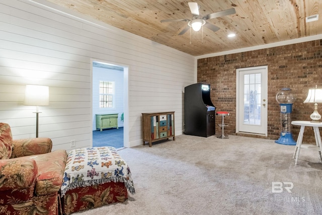 interior space featuring wooden ceiling and brick wall