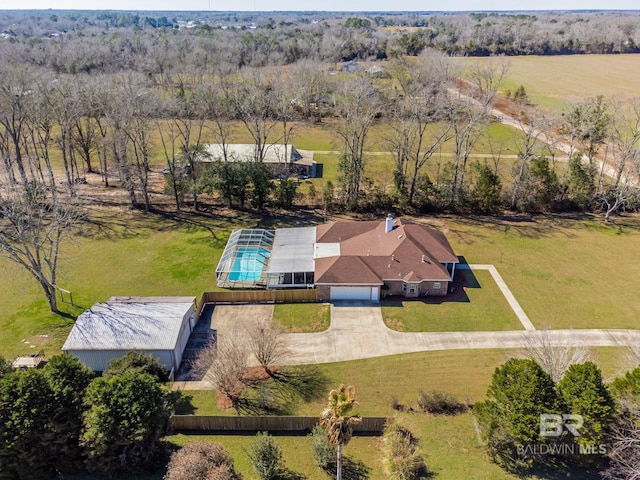 birds eye view of property featuring a rural view