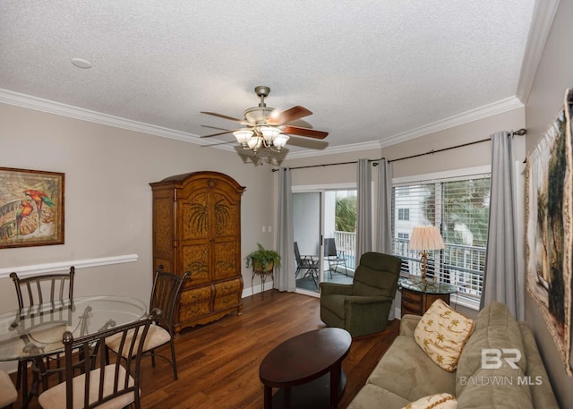22984 Perdido Beach Blvd Unit A23, Orange Beach, AL 36561 - living area featuring wood finished floors, a textured ceiling, a ceiling fan, ornamental molding, and baseboards