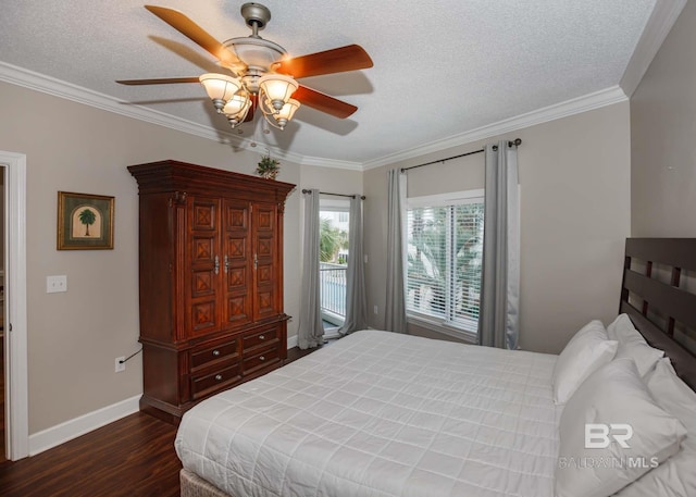 22984 Perdido Beach Blvd Unit A23, Orange Beach, AL 36561 - bedroom featuring dark wood-type flooring, crown molding, baseboards, a ceiling fan, and a textured ceiling