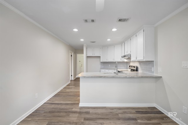 kitchen featuring kitchen peninsula, dark hardwood / wood-style floors, stainless steel range with electric cooktop, and sink