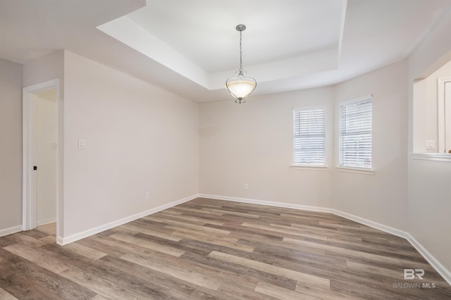 unfurnished room featuring hardwood / wood-style floors and a tray ceiling