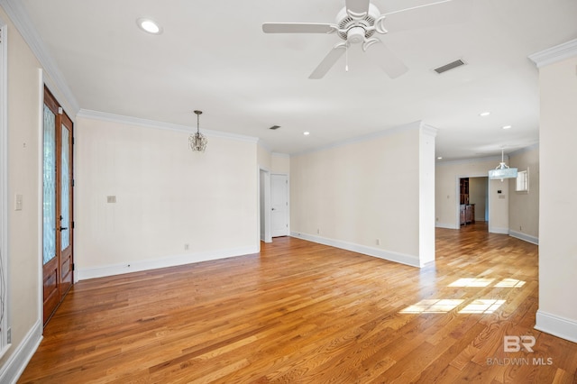 unfurnished living room with ceiling fan, light wood-type flooring, and crown molding