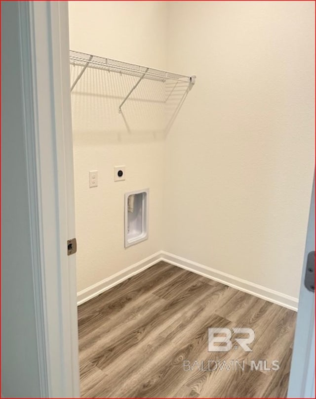 washroom with hardwood / wood-style flooring and hookup for an electric dryer