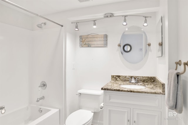 full bathroom featuring shower / washtub combination, visible vents, vanity, and toilet