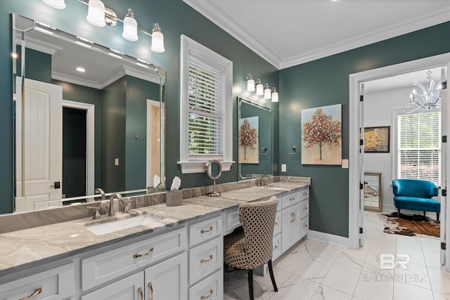 3250 Riviere Du Chien Rd, Mobile, AL 36693 - bathroom featuring crown molding, double vanity, baseboards, marble look tiles, and a chandelier