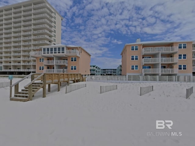 view of snow covered building