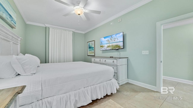 26688 Perdido Beach Blvd Unit 1203, Orange Beach, AL 36561 - bedroom with crown molding, ceiling fan, and light tile patterned flooring