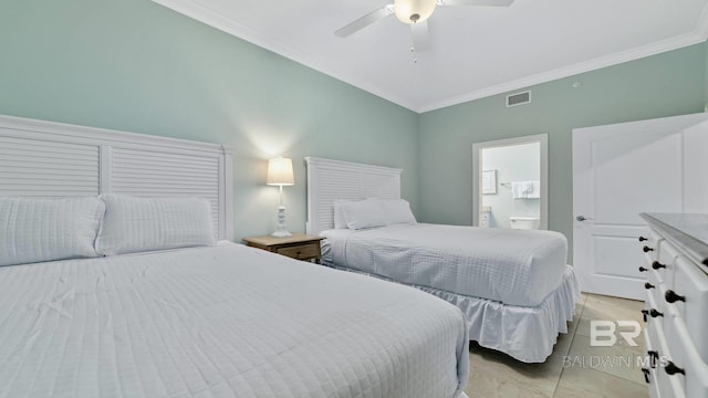 26688 Perdido Beach Blvd Unit 1203, Orange Beach, AL 36561 - bedroom featuring ornamental molding, a ceiling fan, connected bathroom, and light tile patterned floors