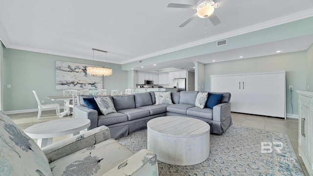 26688 Perdido Beach Blvd Unit 1203, Orange Beach, AL 36561 - living room featuring crown molding, ceiling fan, light tile patterned floors, and recessed lighting