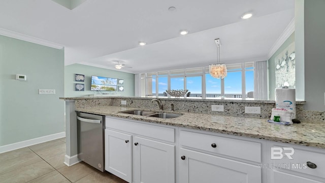 26688 Perdido Beach Blvd Unit 1203, Orange Beach, AL 36561 - kitchen with dishwasher, crown molding, white cabinets, light stone counters, and light tile patterned flooring