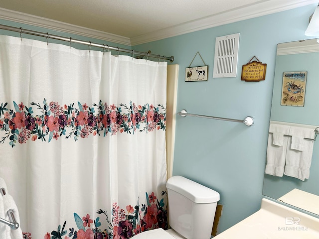 bathroom with toilet, ornamental molding, visible vents, and a shower with curtain