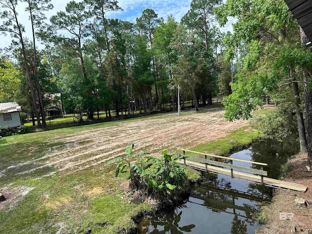 view of yard with a boat dock and a water view