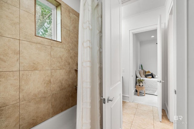 full bathroom with tile patterned floors and shower / bathtub combination with curtain