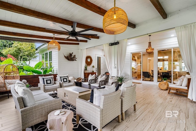 living room featuring light wood-style floors, a ceiling fan, wood ceiling, and beamed ceiling